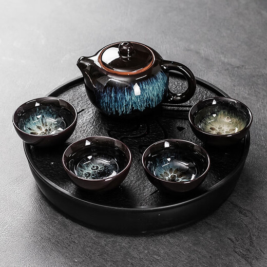 An Junsheng Kung Fu tea set tea tray small set one pot four cups portable home dormitory hotel teapot tea cup simple black purple sand 1 pot four cups + melamine round black plate - Yuanshan
