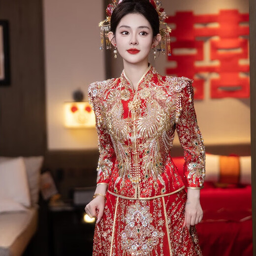 红衣金线结婚秀禾服2025新款出阁服敬酒服新娘出嫁中式婚服订婚出门礼服 H-727花嫁 付款15天内发货 2XL