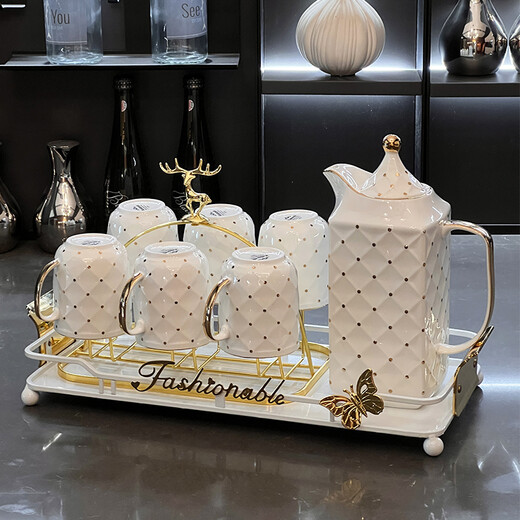 Xibaisheng high-end ceramic water cup set family hospitality cup teapot teacup housewarming wedding gift tea set light luxury water set 9-piece set 681 gift box packaging