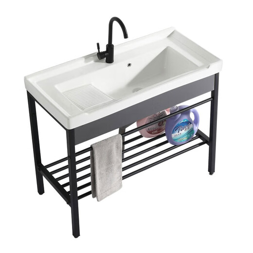 
XMSJ balcony sink ceramic washing basin stainless steel bracket basin washing basin laundry sink with washboard balcony ultra-deep washing basin 1048 single basin with drainage