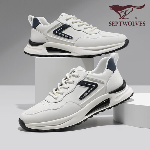 Zapatos para hombres de siete lobos para zapatos casuales de cuero de verano para zapatillas de alto rango de suela gruesa para hombres zapatos blancos de moda y versátiles de viaje blanco/azul 1049 39