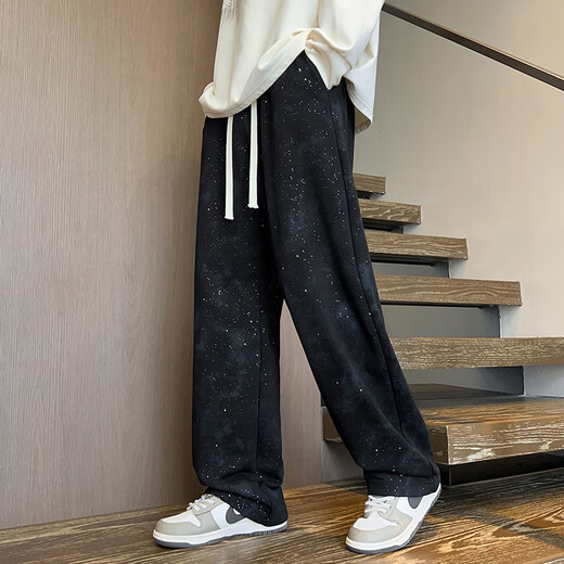 
IZEXX Star High Street Casual Pants Men's Spring and Summer Wide Legs Draped Loose Trendy Brand Straight Long Pants IZ27 Flower Bottom Black L