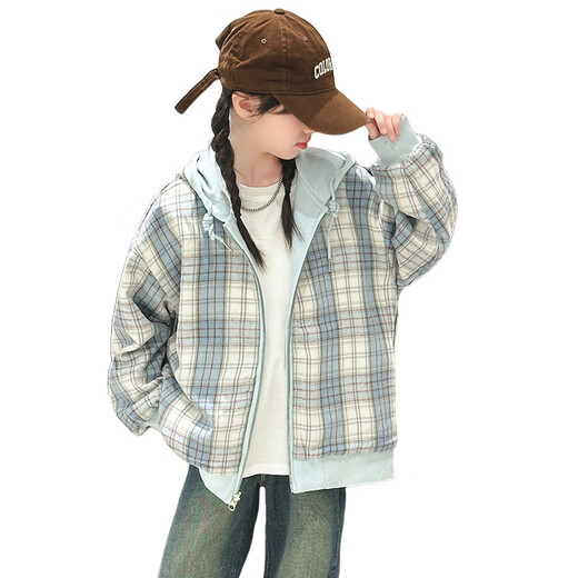 迪士尼（Disney）女童格子两面穿连帽外套春秋2024新款中大童卫衣开衫休闲韩版上衣 7027蓝色外套 160
