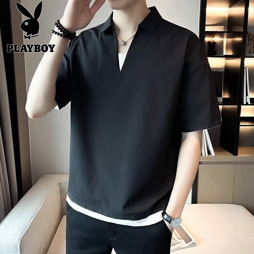 花花公子（PLAYBOY）假两件V领T恤男潮牌短袖POLO保罗衫冰丝半袖2025新款夏季男装体恤 682短袖棕色 XL