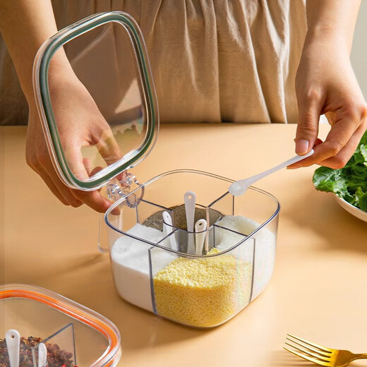 Youqin seasoning box household kitchen seasoning jar combination set one-piece multi-grid salt, MSG and pepper storage condiment seasoning bottle Vibrant orange multi-grid/independent spoon slot
