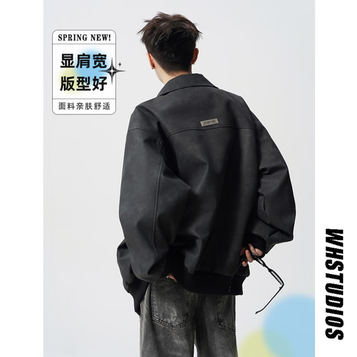 OEMG American trendy brand quilted thickened pu leather jacket men's spring, autumn and winter trendy brand lapel top retro jacket black high quality XL recommended 135-150Jin Jin equals 0.5 kg