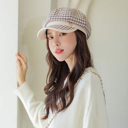 Viney new beret women's winter octagonal hat warm painter's peaked cap high-end newsboy hat showing a small and foreign style brown one size fashion versatile high-looking pile hat