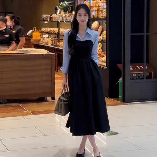 茯见 假两件黑色长袖衬衫连衣裙子女2025初春高级感穿搭套装韩系气质 衬衫连衣裙M码【建议90-110斤】