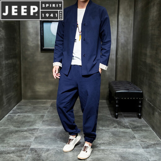 Jeep Spirit Herren Frühling und Herbst neuer chinesischer Stilanzug neuer chinesischer Tang Anzug Casual Button Hanfu Lose Hemd Zwei-teilige Set hellgrau 4xl