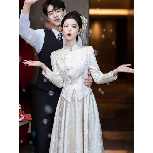 VZVY新中式香槟色敬酒服2025春季新款轻奢高端新娘结婚订婚晚礼服长袖 香槟色 轻奢短.袖款 zyl1125 L （建议105-112斤）