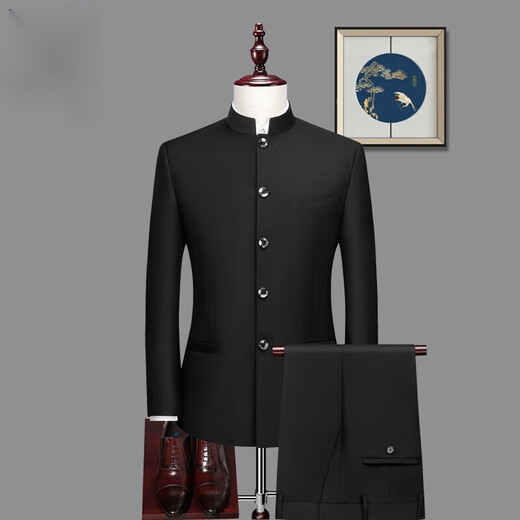 ROMON Chinese tunic suit suit men's youth Chinese stand collar suit men's Chinese wedding dress Chinese style Tang suit Chinese stand collar black single top L 175 weight 125-135 Jin Jin equals 0.5 kg