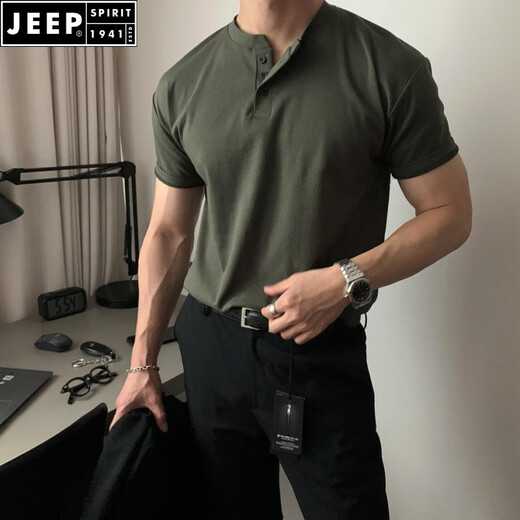 JEEP SPIRIT亨利衫重磅美式短袖男夏季棉款健身亨利领紧袖雅痞t恤polo保罗衫 绿色 3XL