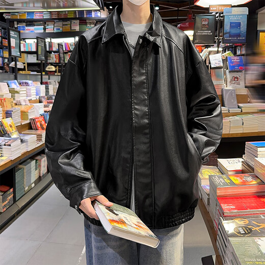 SWAMP AREA leather solid color men's autumn and winter hip-hop jacket top American retro motorcycle style jacket SWC99 black 2XL