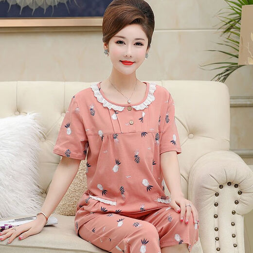 炙夏中年妈妈睡衣女夏季纯棉短袖七分裤中老年人 t3937 2XL (135-155斤)