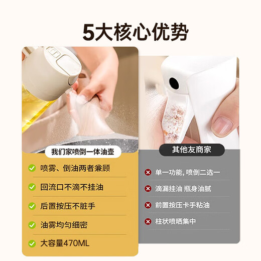 Double gun oil kettle spray kettle pouring oil and spraying all-in-one edible oil glass oil kettle for kitchen household without oil hanging cream white