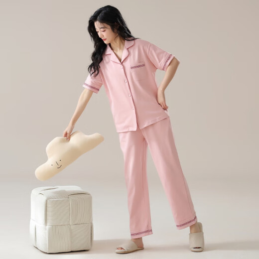 2025年新款纯棉睡衣女夏短袖套装开衫可爱夏长裤卡通休闲季家居服 9737 粉色 XL 【120-140斤】