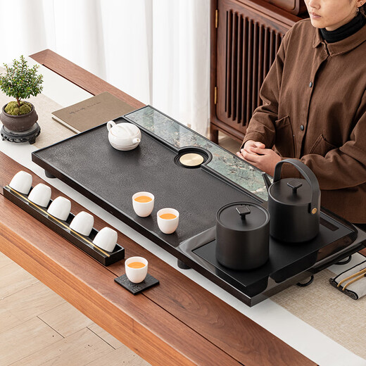 Shishangju whole piece black gold stone tea tray integrated tea tray office drainage type tea table with kettle automatic water supply integrated kettle with double furnace 90*45*3cm