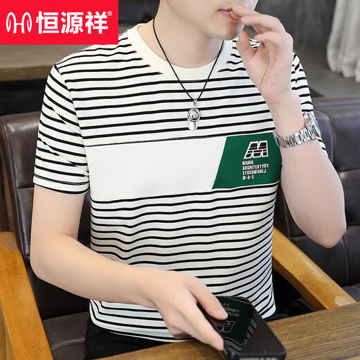 T-shirt rayé Hengyuanxiang Hrented 2025 HEURS SUMPRES SUMBRES pour les jeunes T-shirt Round Coton Ice Silk Cotton Half-Maeved T9898 Black L (105-120Jin [Jin est égal à 0,5 kg]))