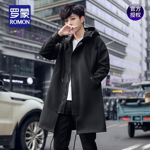 罗蒙（ROMON）2025新春季男士风衣中长款外套薄款潮流外穿黑色大码宽松春秋大衣 黑色春秋款 常规 S 宽松偏大90~110斤