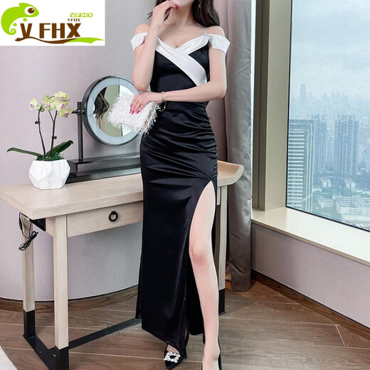 VFHX晚礼服性感吊带连衣裙一字肩气质夜场长款柔式spa足浴技师工作服 白色 13582 S 建议80-90斤