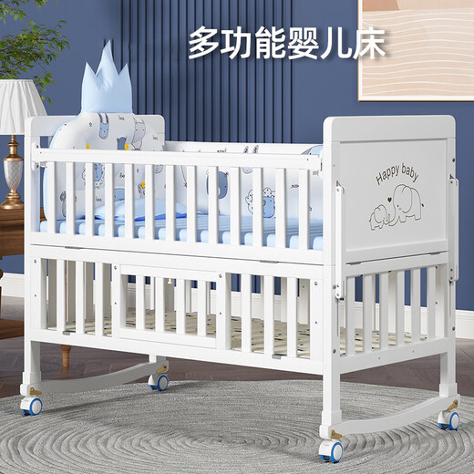 Lookbaby crib multifunctional bed solid wood splicable bed removable small bed | mosquito net + animal party blue five-piece set