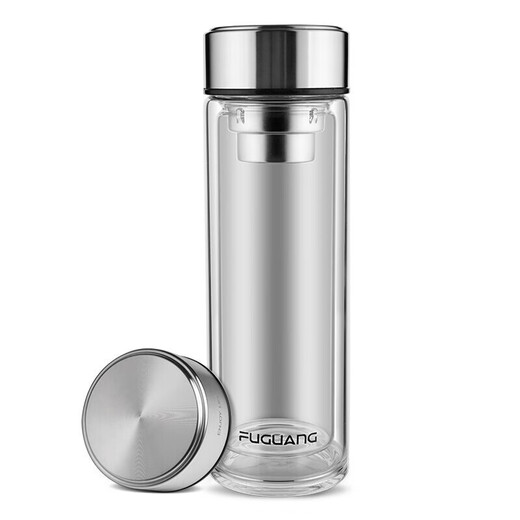 富光双层玻璃杯加厚办公茶水杯304不锈钢杯盖商务礼品 本色 400ml WFB1048