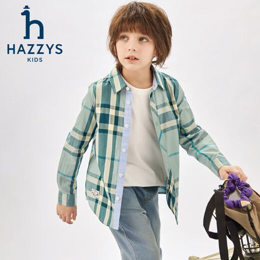 HAZZYS brand children's clothing boys' shirt spring new style comfortable soft pointed collar thin fashion simple casual long-sleeved shirt truffle green 145