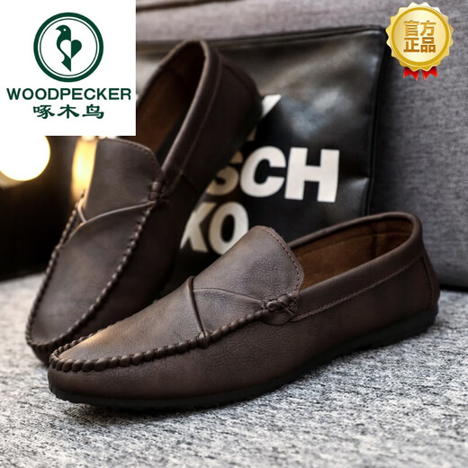 
Woodpecker brand men's beanie shoes 2024 new soft leather casual leather shoes trendy lazy shoes youth trendy shoes YL-D826 brown 39