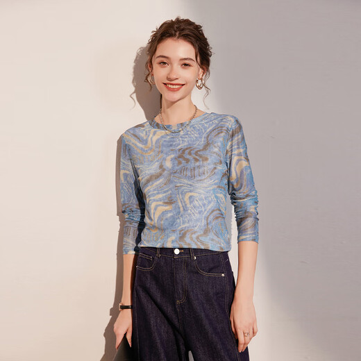 Bailuyu Spring and Autumn Round Neck Printed T-shirt Temperament Slightly Elastic Slim Long Sleeve Bottoming Shirt Women Blue L