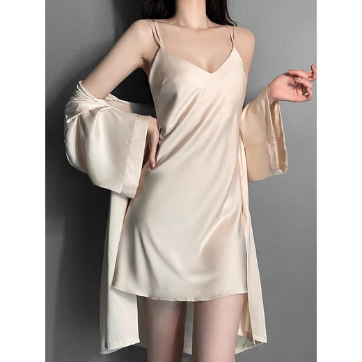 PAGKAVIO国际一线品牌真丝睡衣女100%桑蚕丝春季长袖薄款春季女家居服睡裙 豆沙粉套装 带胸垫（礼盒包装） M 【建议80-100斤】