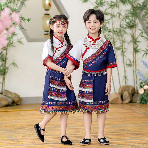 Meilekai 3. März Ethnische Kleidung Kinder Guangxi Zhuang Ethnische Minderheit Kleidung Hani Girls Yao und Miao Boy 9215 Top + Tibetan Robe (gleicher Stil für Männer und Frauen) 90 (Größe Standard)