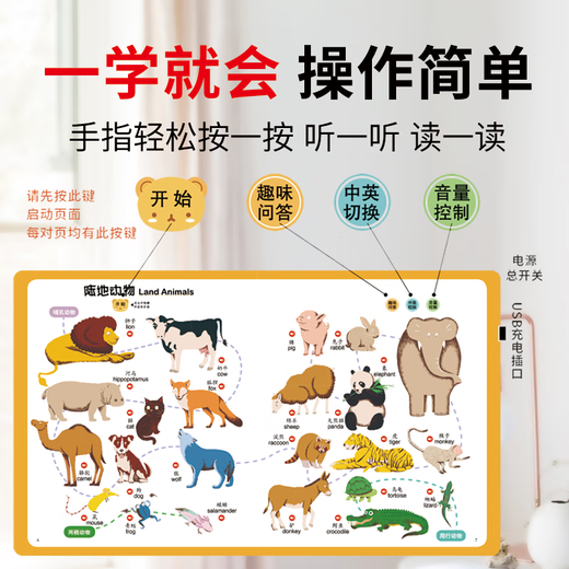 小儒童幼儿童看图认物学英语小百科动物地图手指点读有声书双语早教挂图 小百科+地图双语认物点读机 usb充电