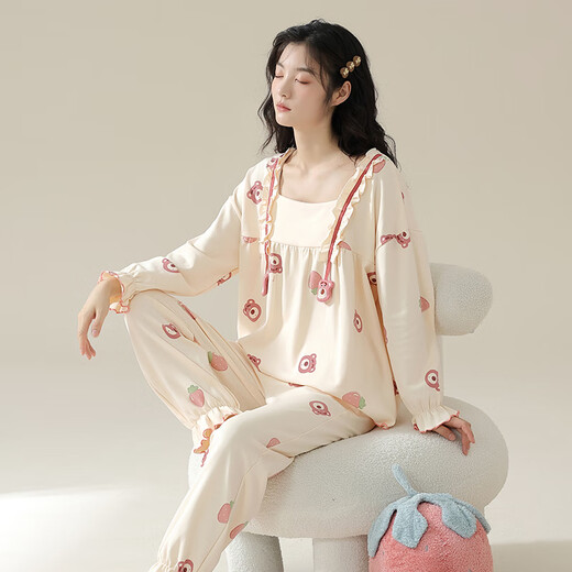 LangSha pajamas couple wear for one man and one woman spring and autumn pure cotton long-sleeved cartoon casual wearable 100% cotton home wear 8039 couple M female + XL male