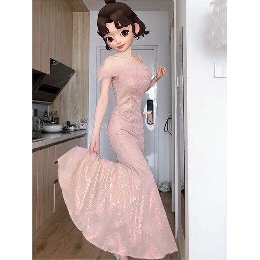 Wen Mi senior year 2025 pink adult dress evening temperament engagement banquet light luxury toast dress bride fishtail skirt long pink S