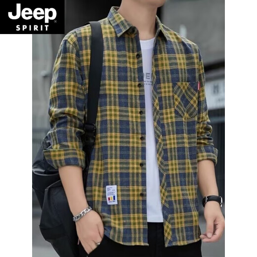 Jeep Spirit Plaid Camiseta informal de la primavera y otoño Camisa de manga larga Top coreana Retro Summer Flin Jacket K12109 Green Plush M 90-110Jin [Jin iguala 0.5 kg]