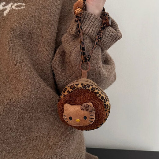 Black leather Kitty leopard print coin wallet student headphones bag coin bag cartoon storage key bag pendant bag black leather leopard print KT coin wallet