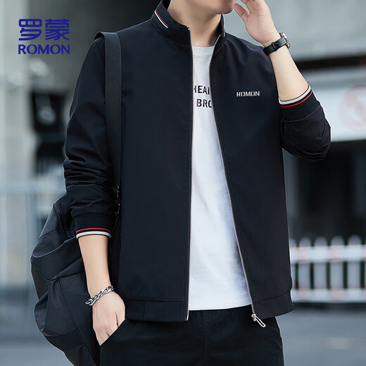 罗蒙（ROMON）外套夹克男士潮流时尚商务休闲棒球服立领上衣男装KJ11黑XL