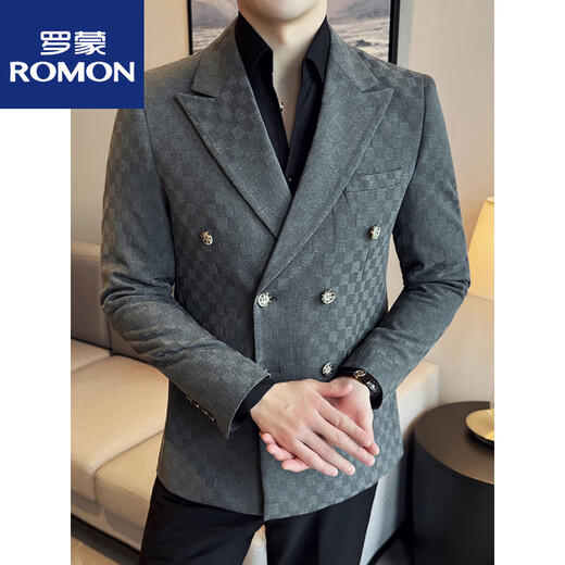 罗蒙（ROMON）双排扣格子西装外套男2025新款潮流时尚商务休闲百搭潮流修身西服 浅灰色 M (95-110斤)