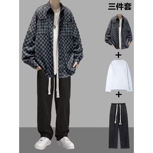 Traje de camisa a cuadros de manga larga de primavera y otoño VZVG para niños atuendo de estilo Hong Kong con jeans modernos de tres piezas un set de tres piezas [3 piezas] 684 Camisa Negra + Long T + 5080 L