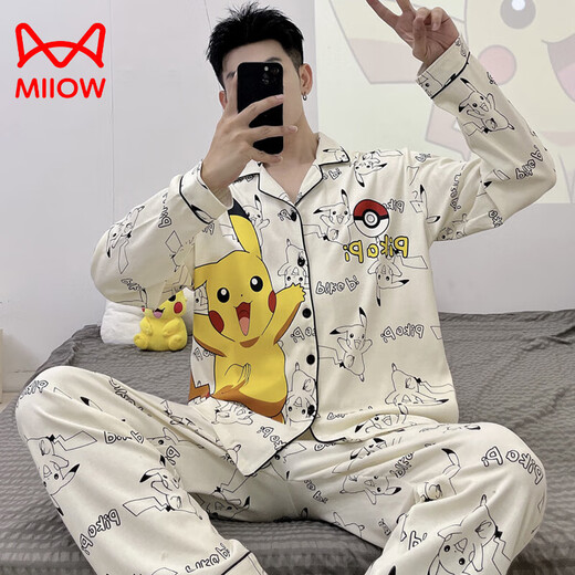 Catman (MiiOW) 2025 new men's pajamas spring and autumn long sleeve thin style youth cartoon student summer day home clothing set 9901 men's style 2XL standard (high 180180Jin [Jin equals 0.5 kg])