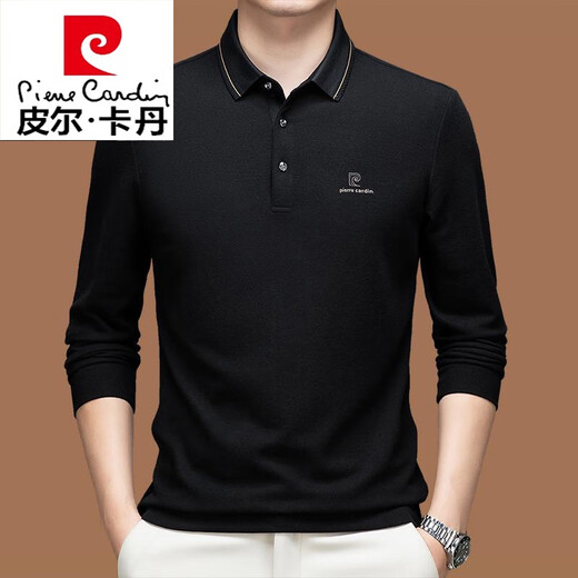 Pierre cardin men's long-sleeved T-shirt spring and autumn breathable solid color POLO shirt high-end business casual lapel top 15831-Black M 165 [recommended 90-120 Jin [Jin equals 0.5 kg]]