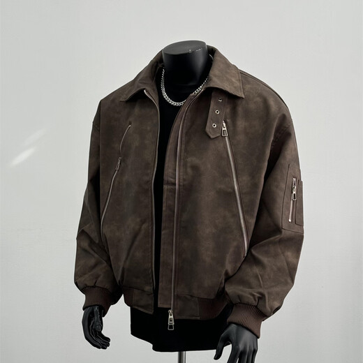 POUM American retro trendy brand PU leather jacket men's spring and autumn trendy high street motorcycle wear hip-hop jacket jacket SY-Y1029 Brown L