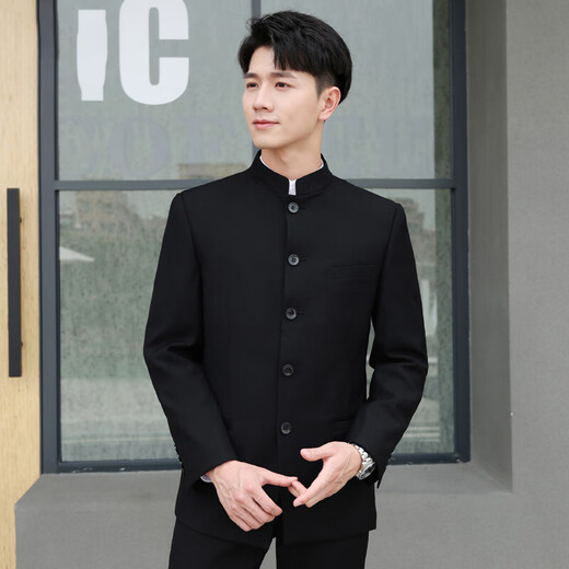 ROMON Chinese tunic suit suit men's youth slim fit Chinese stand collar suit Chinese wedding dress Chinese style Tang suit Chinese stand collar black top + pants L 175 weight 125-135 Jin Jin equals 0.5 kg