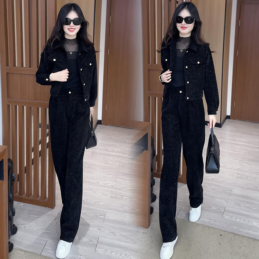 戏狐时尚运动服套装女2025春秋新款网红小个子短外套阔腿裤两件套 6198#黑色春秋款 M  建议100斤内