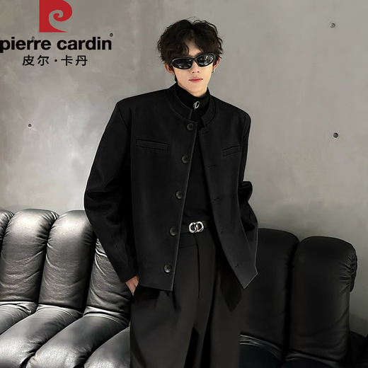 Pierre Cardin Spring and Autumn New Chinese Style Chinese Tunic Jacket Men's Style Handsome Stand-up Collar Short Shoulder Pad Suit Black Jacket XL