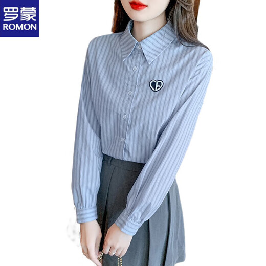 ROMON camisa de manga larga reductora de edad de moda para mujer otoño 2024 nueva camisa profesional bordada a rayas color de imagen superior versátil XL (recomendado 110-120 Jin Jin equivale a 0,5 kg)