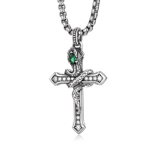IDEAGEMER Teng She series 925 silver cross necklace men's high-end original niche snake year animal year pendant 925 silver Teng snake cross pendant-steel chain-55CM