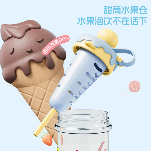 Jidaocook ice cream creative straw cup student high-value outdoor plastic cup with slant-strip filter tea girl water cup blue [lemon sea salt] 880ml large capacity tea warehouse tea water separation