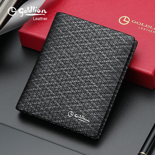 Goldlion Wallet Herren echtes Leder kurzer Geldbörse leichte Luxus-Männerkarten-Tasche Cowide Clip für Ehemann, Freund, Papa Neujahrsgeschenkschachtel Schwarz ein Stil FA733180-168