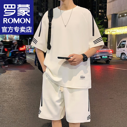 
ROMON Hong Kong style short-sleeved T-shirt for men's summer new casual sports suit loose half-sleeved men's T-top men's clothing FKS653 black suit XL about 130-150Jin [Jin equals 0.5 kg] can be worn